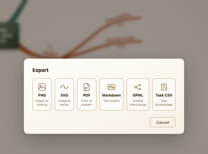 Tendril export modal cropped around image, document, outline, and task spreadsheet options