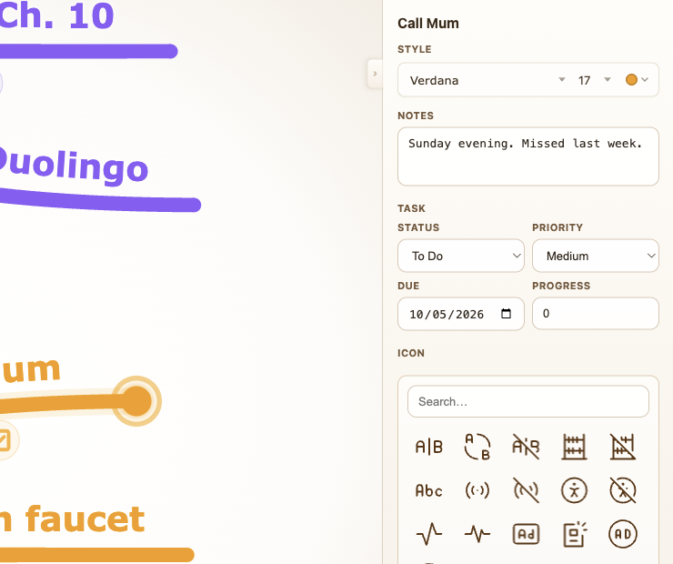 Tendril inspector cropped around a selected branch with notes, task status, priority, due date, progress, and icons